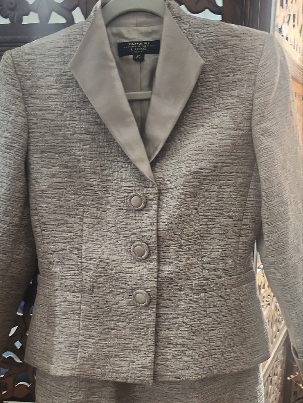 Tahari ASL Taupe Textured Satin-Lapel Blazer And Skirt 2 Pc Suit - Picture 3 of 10